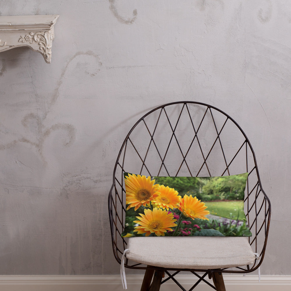 Golden Orange Gerbera Daisies Premium Pillow with Orange Back