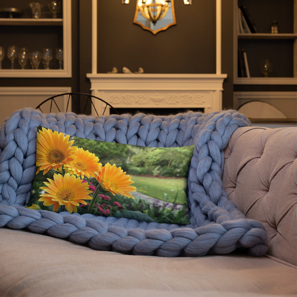 Golden Orange Gerbera Daisies Premium Pillow with Orange Back