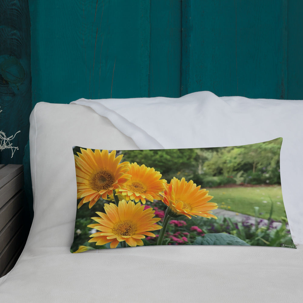 Golden Orange Gerbera Daisies Premium Pillow with Orange Back