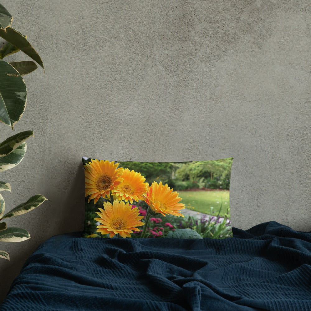 Golden Orange Gerbera Daisies Premium Pillow with Orange Back