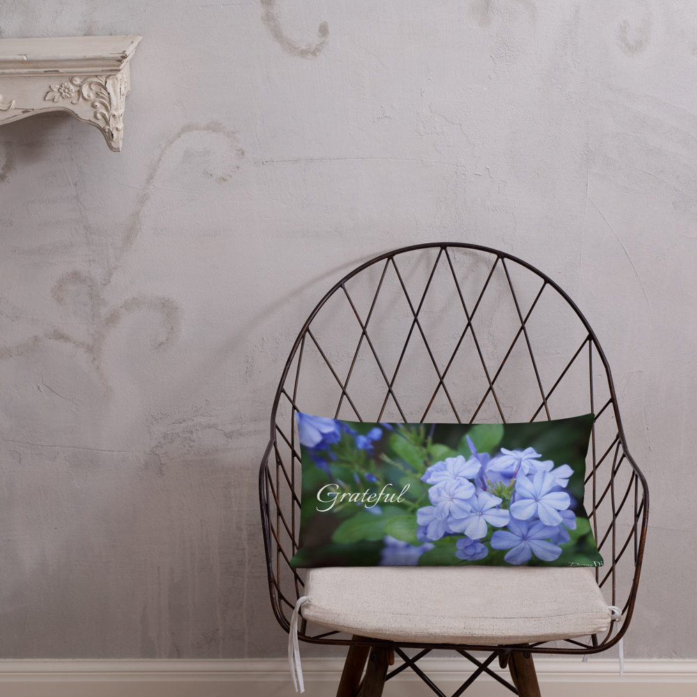 Blue Plumbago Premium Pillow 'Grateful' with Black Back