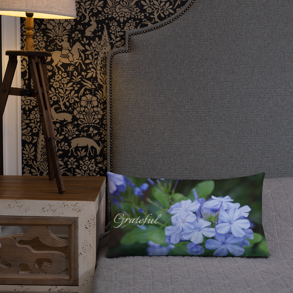 Blue Plumbago Premium Pillow 'Grateful' with Black Back