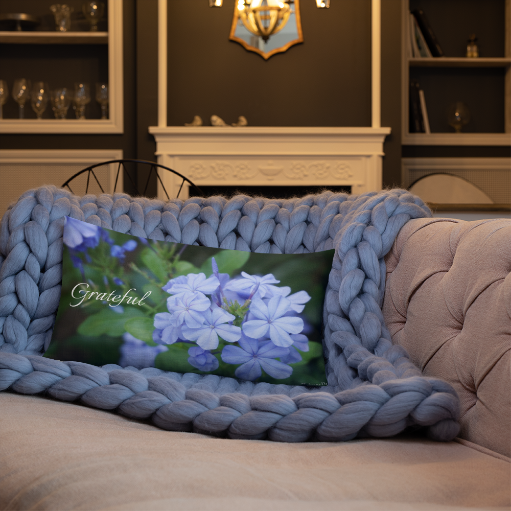 Blue Plumbago Premium Pillow 'Grateful' with Black Back