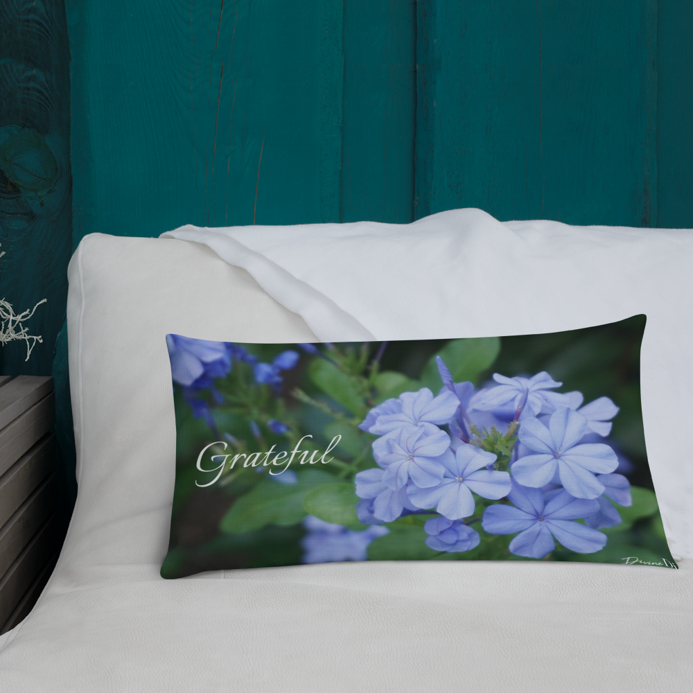 Blue Plumbago Premium Pillow 'Grateful' with Black Back
