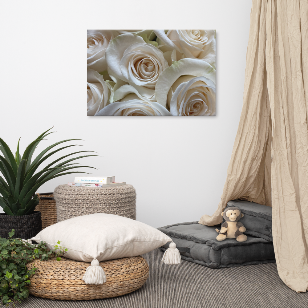 White Roses. 24x36 Canvas Print 'Enjoy the Unfolding of Life'