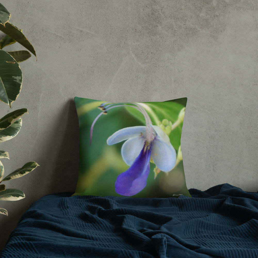 Blue Butterfly Bush Clerodendrum Premium Pillow with Green Back
