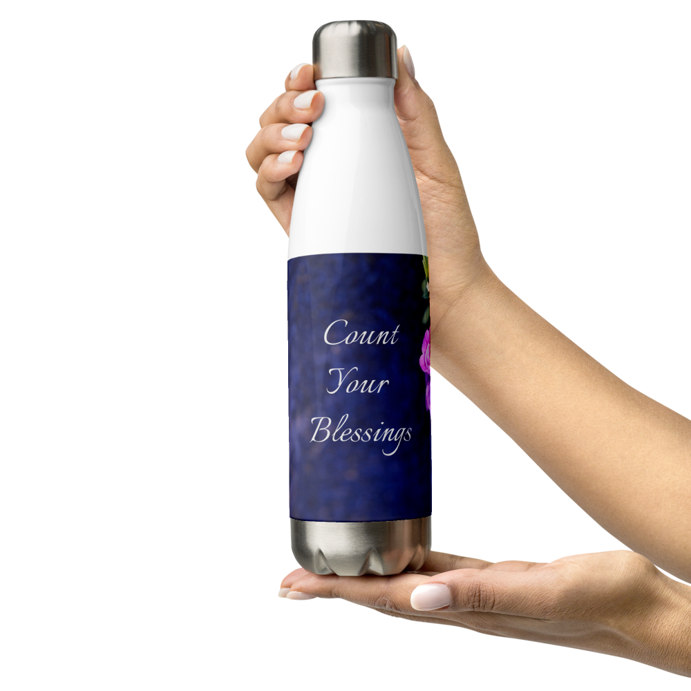 Purple Petunias 'Count Your Blessings' Stainless Steel Water Bottle
